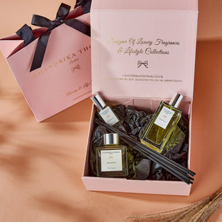 Image of 100ml Marrakesh Perfume, 15ml Marrakesh Perfume and 100ml Marrakesh diffuser in an exquisite gift box